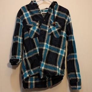 Casual blue button down shirt with hood